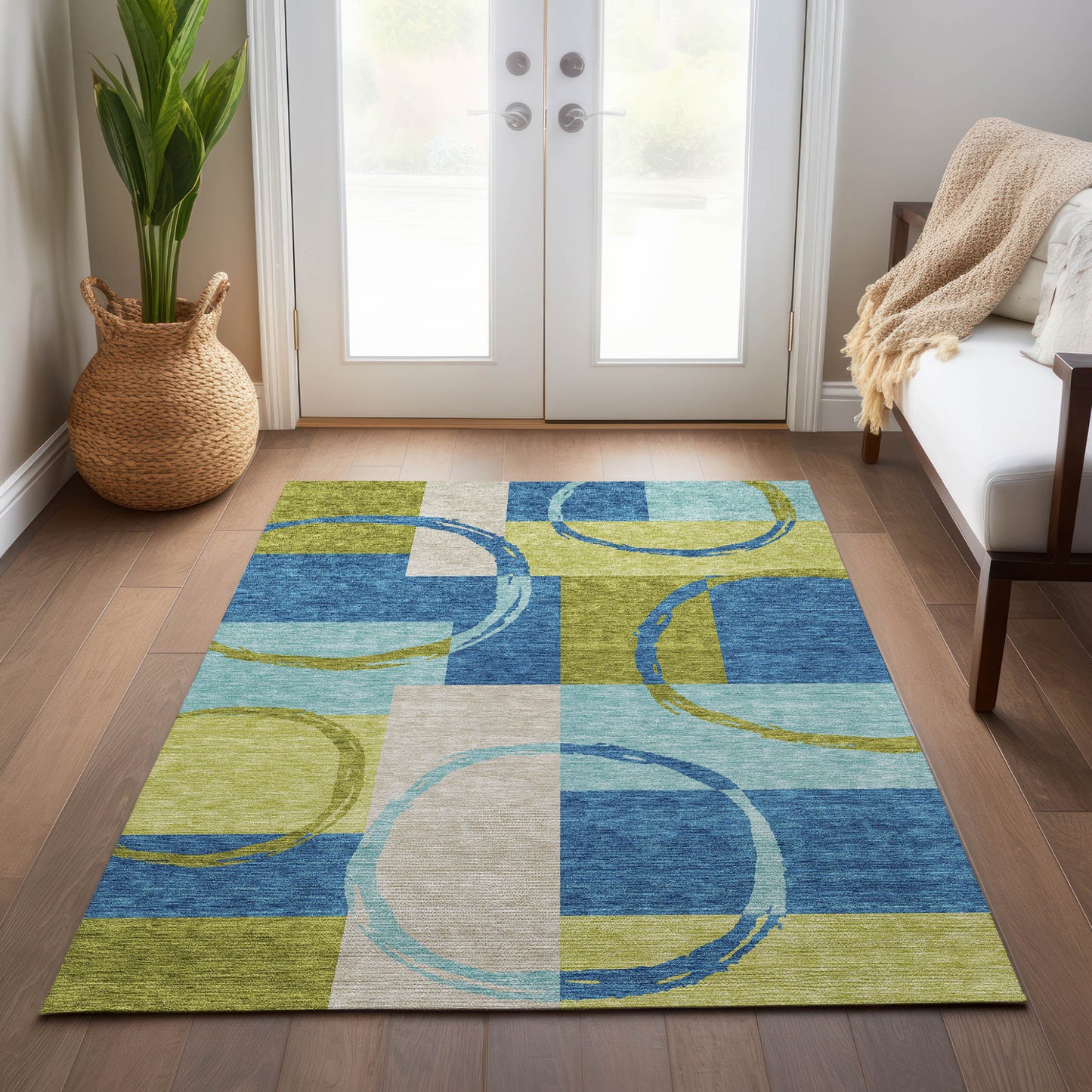 5' X 8' Denim Blue And Lime Green Geometric Washable Indoor Outdoor Area Rug